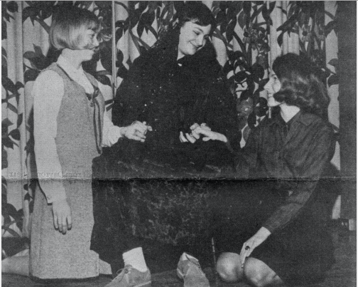 Murray Horwitz, surrounded by fellow cast members left, Sharon Sickels, and right, Ginny Dilts. They were getting into character for our April 2, 1965 Junior Class Play 
