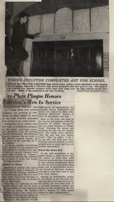 News article about the Four Freedoms plaques above the library entrance.