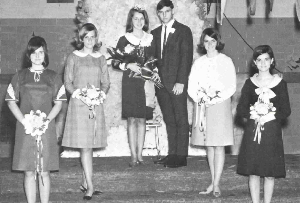 Homecoming Dance the Fall 1965. Connie Botts-Sophomore Att., Linda Cremeens-Senior Att., Jeri Jones-Queen, Rick McCune-King, Sue Stafford-Junior Att., Shelly Goldflies-Freshman Att.