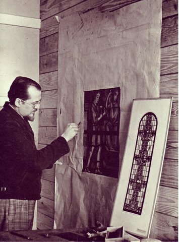 Master stained glass artist, Robert Marion Metcalf working on the Art Deco full size drawing from the sketch of the window design. (Photo courtesy of the artist son Robert Rahm Metcalf, also a master stained glass artist. Permission for use required.)