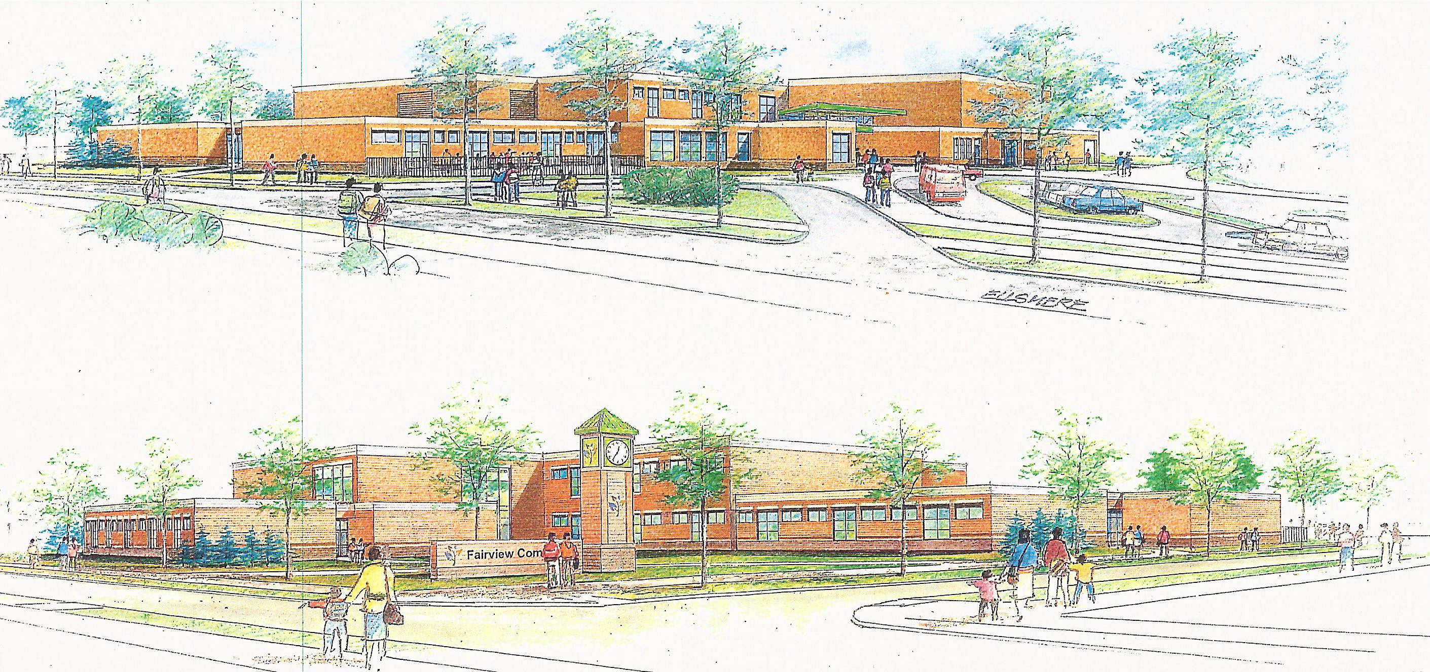 The new Fairview Commons PK-8 grade school located at Hillcrest and Elsmere. (rendering by R.P. Madison International Inc.)