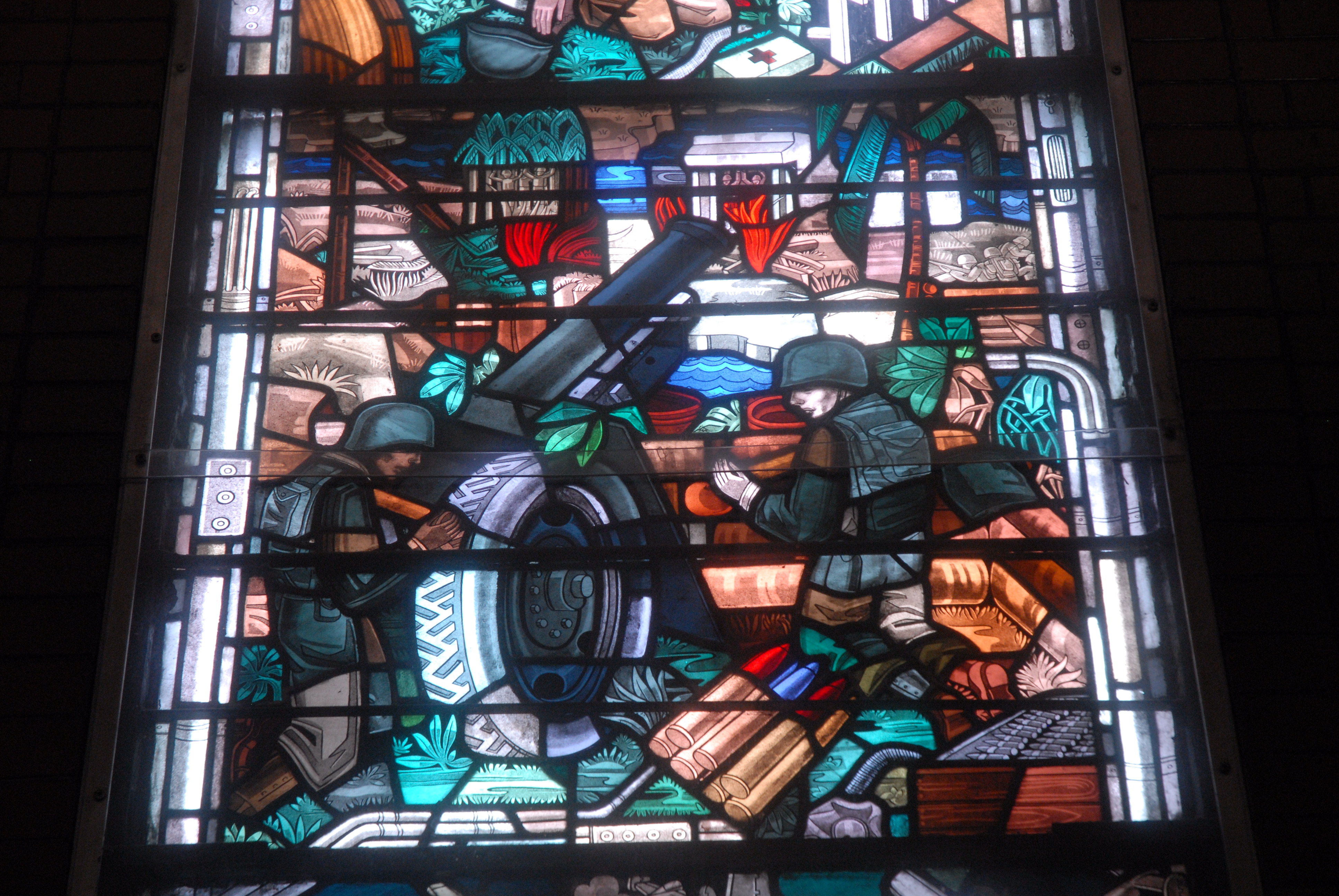 Section of the World War II window created by Robert and Gertrude Metcalf.