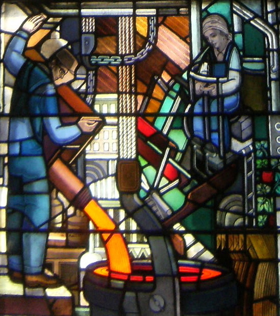Detail of a section of the World War II window created by Robert and Gertrude Metcalf.