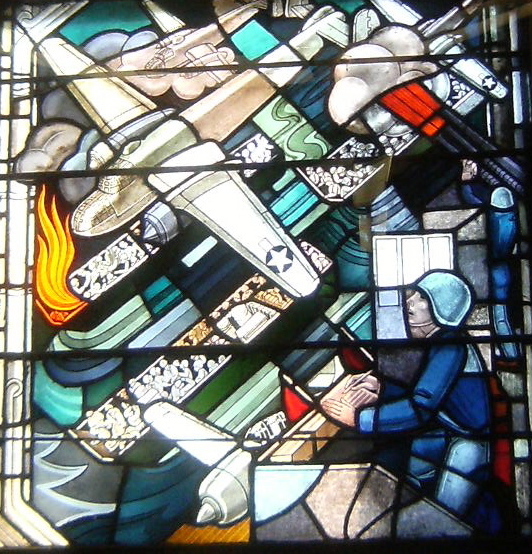 Detail of a section of the World War II stained glass window created by Robert and Gertrude Metcalf.
