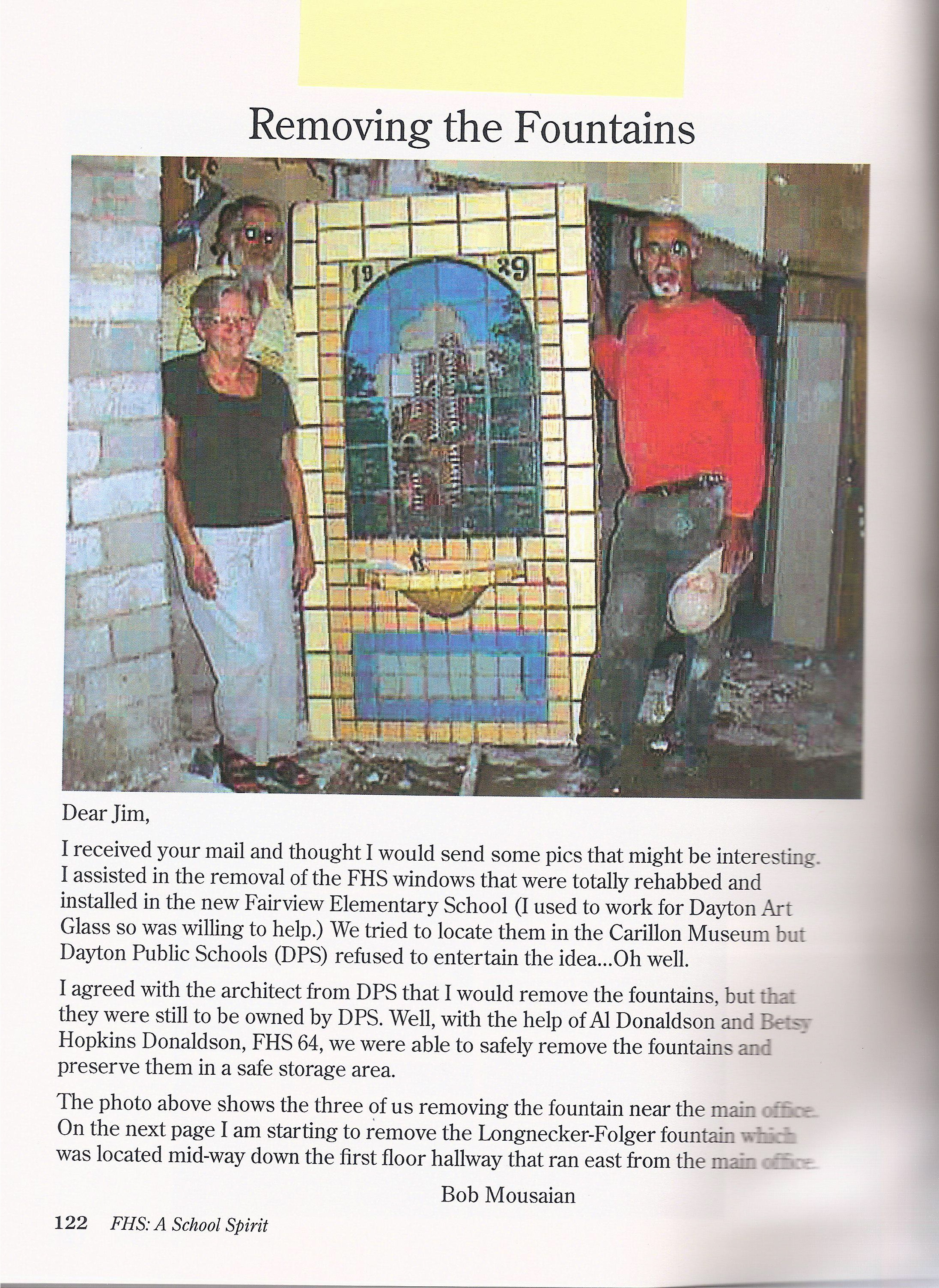Al Donaldson, Class of '65; Betsy Hopkins, Class of '63; and Bob Mousaian, Class of '62; shown resting after removing the Rookwood Fairview Tower Fountain. They also removed the Folger Longnecker Fountain. This photo is of a page taken from a book about F