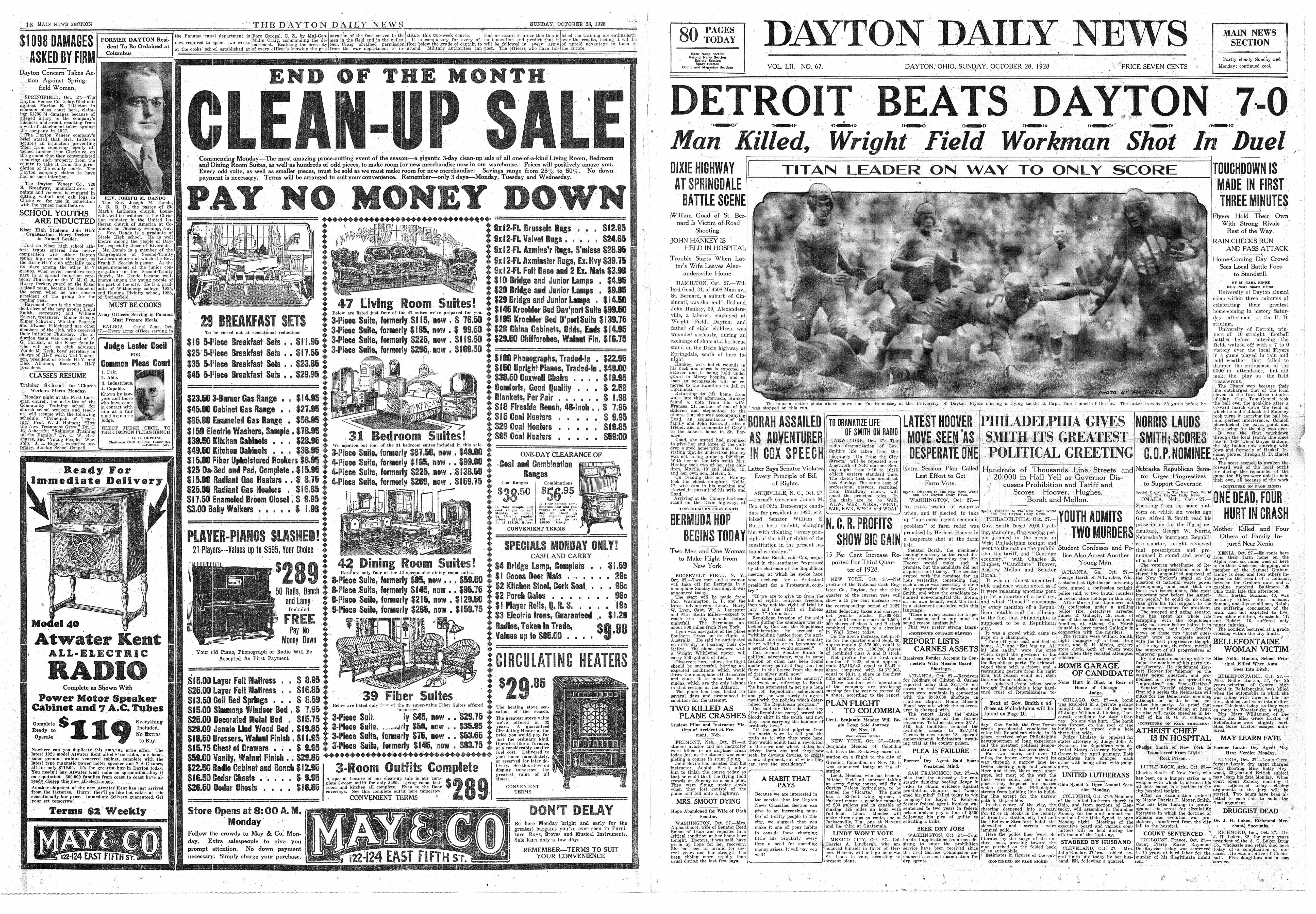 Sunday, October 28, 1928 issue of the Dayton Daily News from the FHS Time Capsule. Photo courtesy  of Dayton Public Schools Time Capsule Collection, Digitized by Vtechgraphics LLC copyright 2012 all rights reserved.