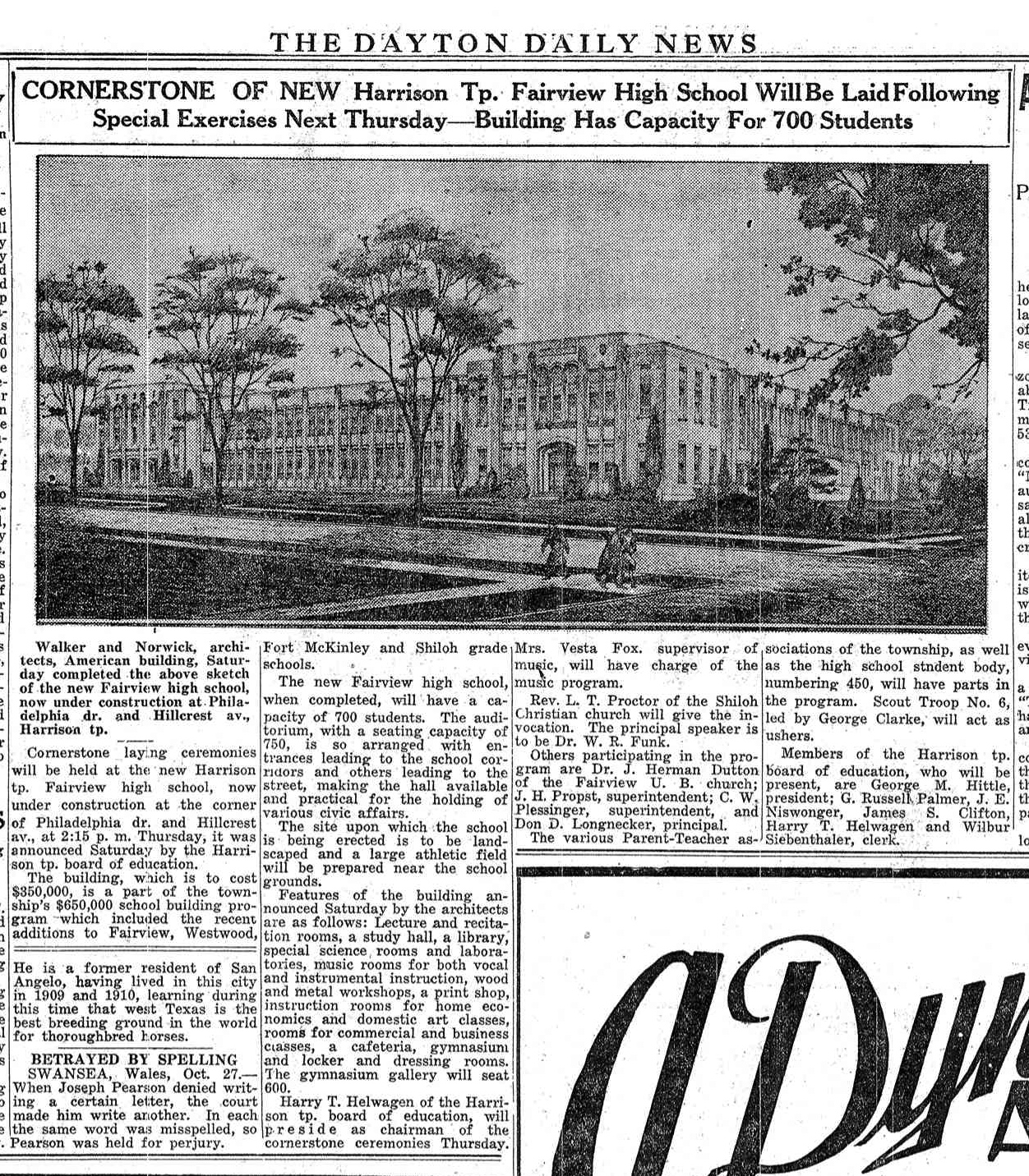 News article about Fairview and the cornerstone laying ceremonies. The write-up was published in the October 28th, 1928 issue of the Dayton Daily News contained in the Fairview Time Capsule. This image was cropped from a photo of page 4 which was courtesy
