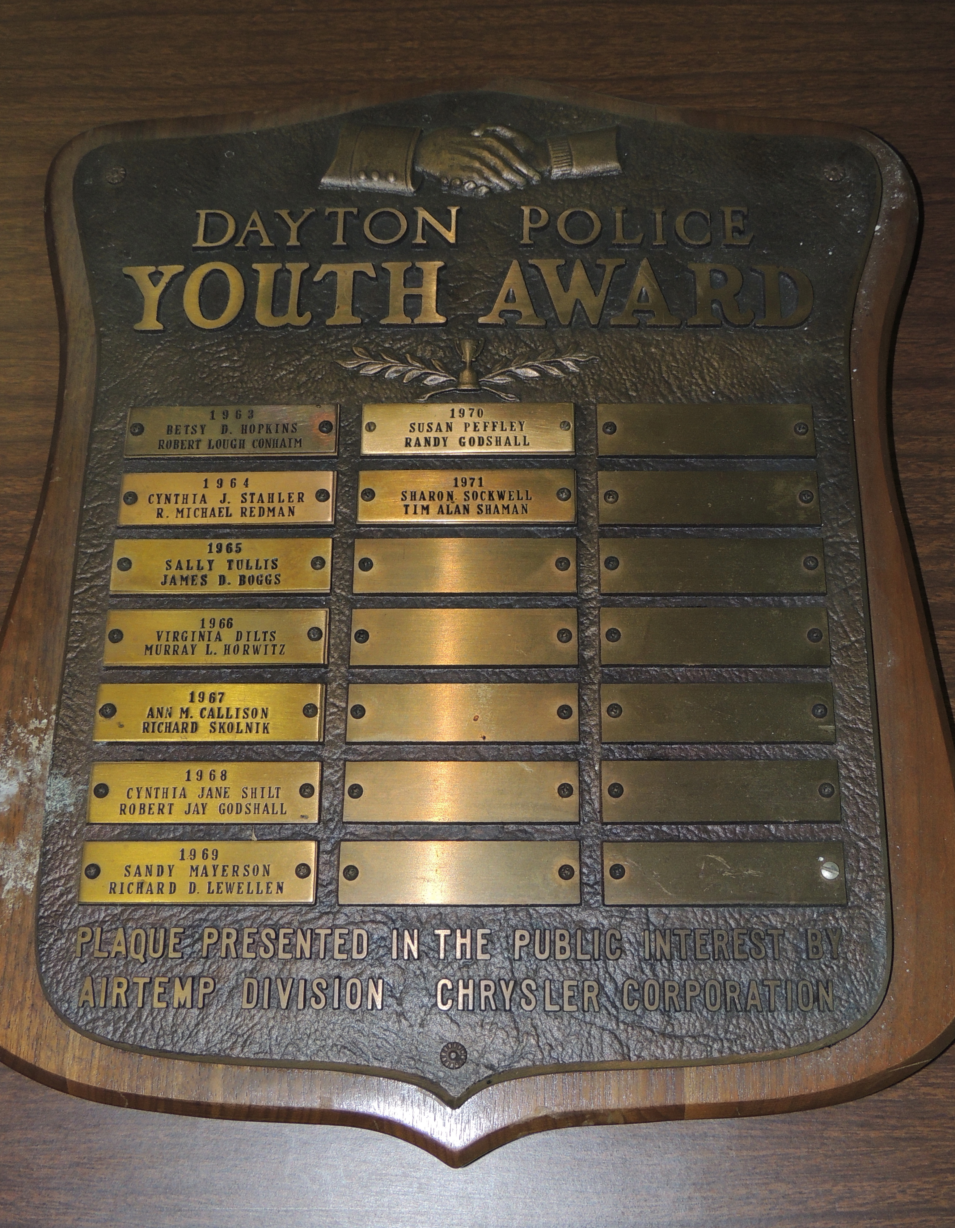 Dayton Police Youth Award circa early 1960's to early 1970's.  Photo Dennis Huddleston, Class of 1965.