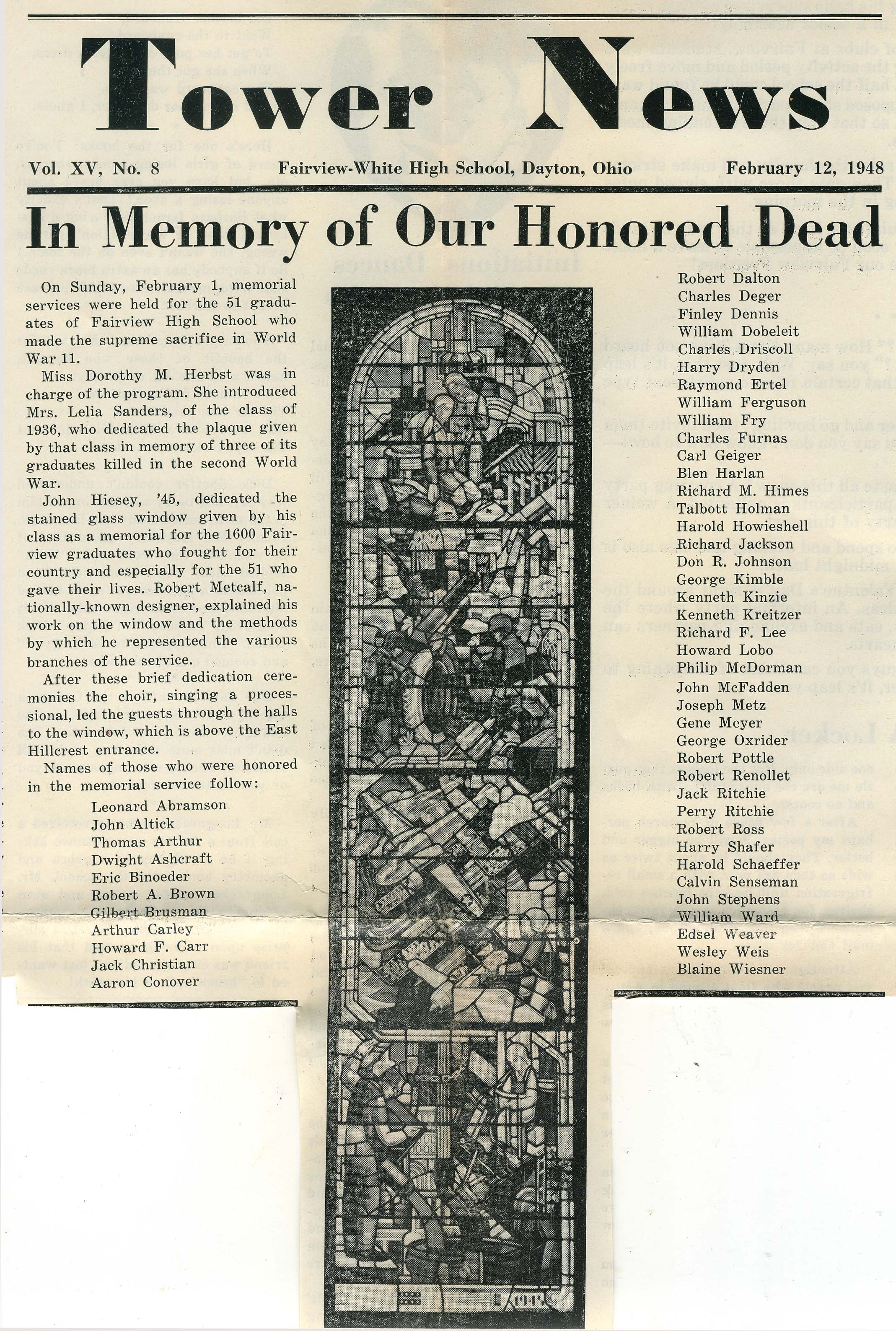 This 1948 Tower News  article includes a list of the alumni from Fairview High School who made the supreme sacrifice in World War II. (Image provided by Virginia Burroughs) More information about the stained glass window dedicated to these alumni can be f