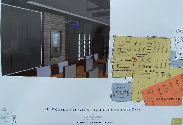Architect plans for installation location of the Fairview Longnecker-Folger Fountain. See the brick wall area in the room rendering and the red circle on the floor plan map. Photo supplied by Dan Wolfe, FHS Class of 1965.