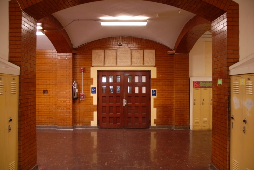 Entry to the school library and the Four Freedoms plaques displayed above the doorway. Photo by Bob Hauff FHS Class of 1963. 