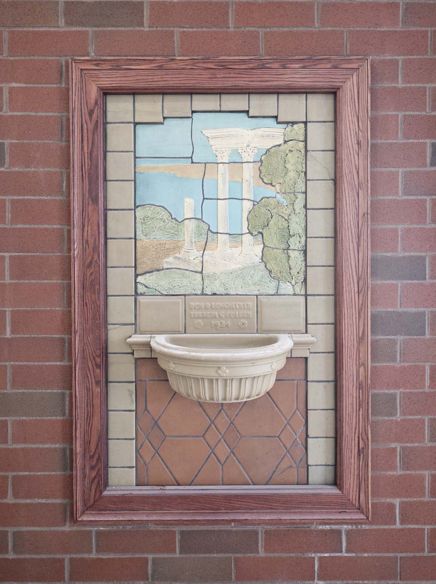 The Longnecker-Folger Fountain shown after restoration and installation in the new library. The library stands on the old Fairview High School lot.  Fountain restoration was done by Bob Mousaian, class of '62. Photo by Bob Mousaian.