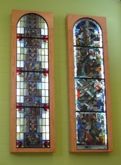 Metcalf stained glass as displayed in the lobby of the new Fairview PreK-8 School.